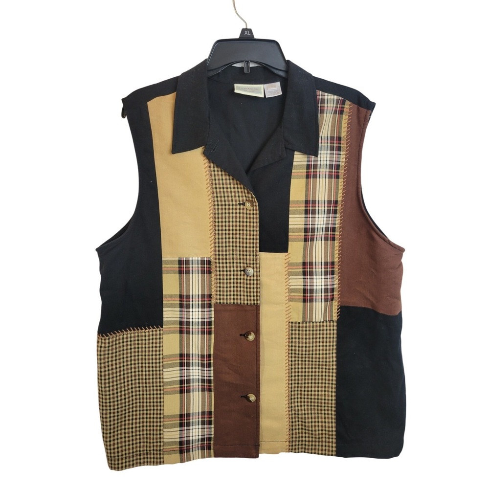 Susan Bristol Vest Patchwork Plaid Vintage Cottagecore Boho Black Brown Womens L